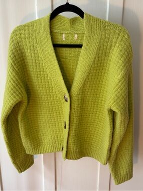 Green Cardigan Sweater with Brown Buttons